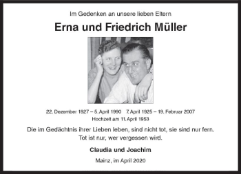 Traueranzeige von Erna und Friedrich Müller von vrm-trauer