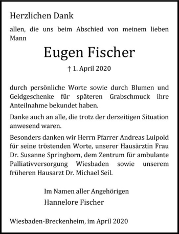 Traueranzeige von Eugen Fischer von vrm-trauer