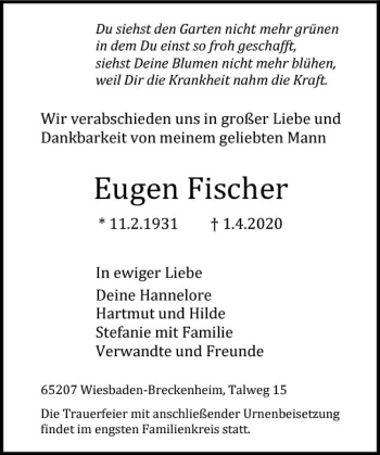 Traueranzeige von Eugen Fischer von vrm-trauer