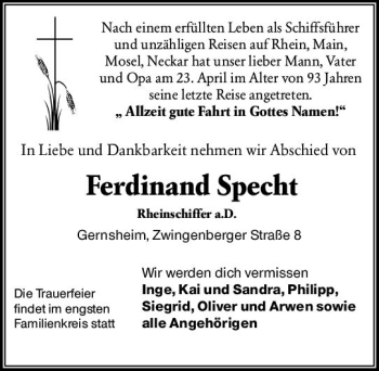 Traueranzeige von Ferdinand Specht von vrm-trauer
