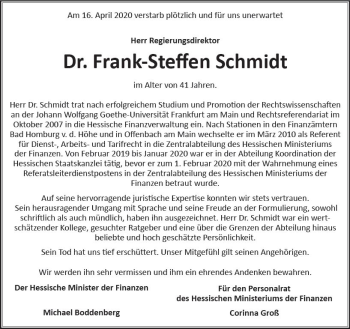 Traueranzeige von Frank-Steffen Schmidt von vrm-trauer