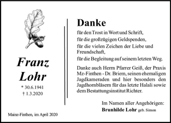 Traueranzeige von Franz Lohr von vrm-trauer