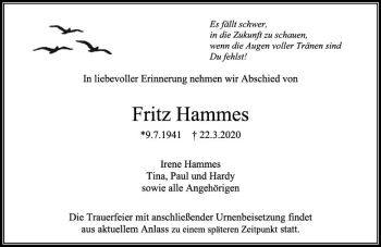 Traueranzeige von Fritz Hammes von vrm-trauer
