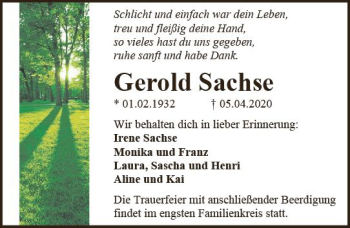 Traueranzeige von Gerold Sachse von vrm-trauer