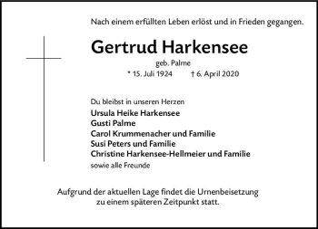 Traueranzeige von Gertrud Harkensee von vrm-trauer