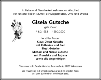 Traueranzeige von Gisela Gutsche von vrm-trauer