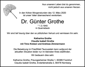 Traueranzeige von Günter Grothe von vrm-trauer
