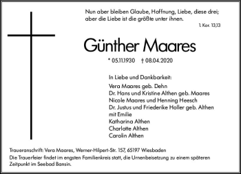 Traueranzeige von Günther Maares von vrm-trauer