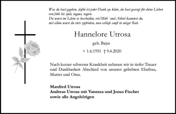 Traueranzeige von Hannelore Utrosa von vrm-trauer