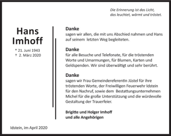 Traueranzeige von Hans Imhoff von vrm-trauer