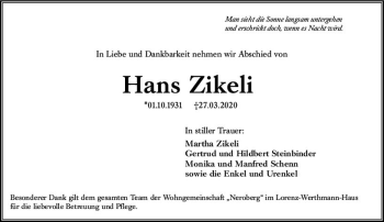 Traueranzeige von Hans Zikeli von vrm-trauer