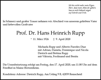 Traueranzeige von Hans Heinrich Rupp von vrm-trauer