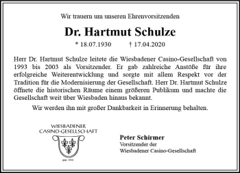 Traueranzeige von Hartmut Schulze von vrm-trauer