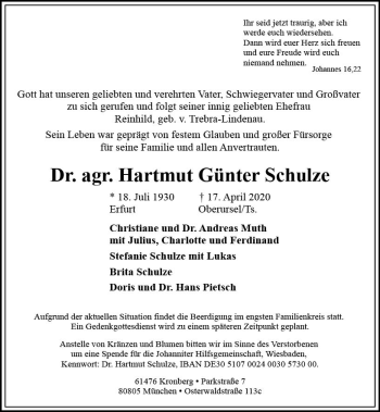 Traueranzeige von Hartmut Günter Schulze von vrm-trauer