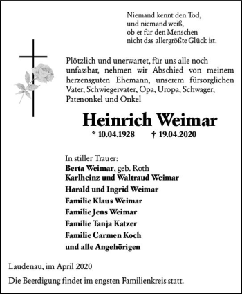 Traueranzeige von Heinrich Weimar von vrm-trauer