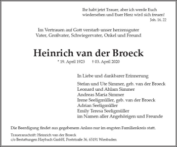 Traueranzeige von Heinrich van der Broeck von vrm-trauer