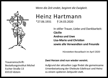Traueranzeige von Heinz Hartmann von vrm-trauer