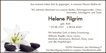 Traueranzeige von Helene Pilgrim von vrm-trauer