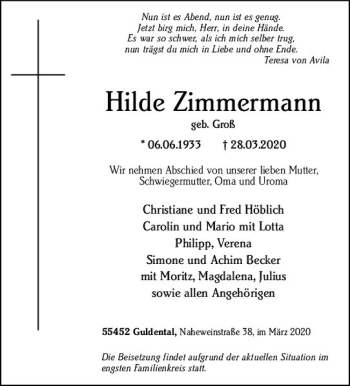 Traueranzeige von Hilde Zimmermann von vrm-trauer
