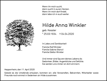 Traueranzeige von Hilde Anna Winkler von vrm-trauer