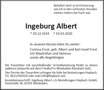 Traueranzeige von Ingeburg Albert von vrm-trauer