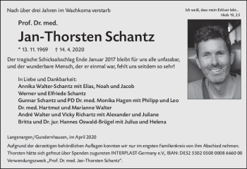 Traueranzeige von Jan-Thorsten Schantz von vrm-trauer
