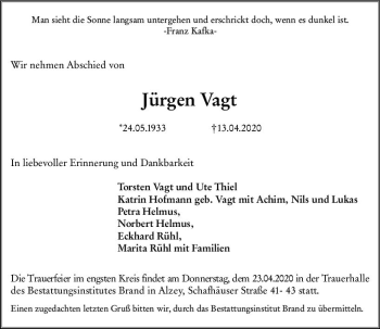 Traueranzeige von Jürgen Vagt von vrm-trauer