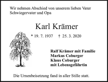 Traueranzeige von Karl Krämer von vrm-trauer