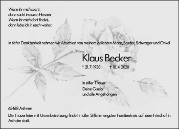 Traueranzeige von Klaus Becker von vrm-trauer