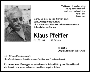 Traueranzeige von Klaus Pfeiffer von vrm-trauer