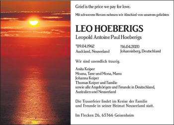 Traueranzeige von Leo Hoeberigs von vrm-trauer