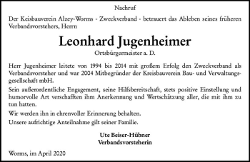 Traueranzeige von Leonhard Jugenheimer von vrm-trauer
