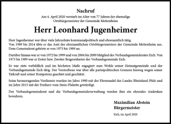 Traueranzeige von Leonhard Jugenheimer von vrm-trauer