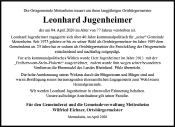 Traueranzeige von Leonhard Jugenheimer von vrm-trauer