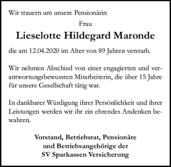 Traueranzeige von Lieselotte Hildegard Maronde von vrm-trauer