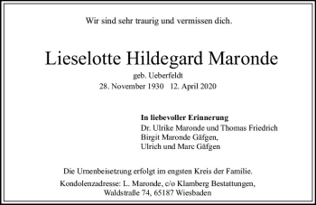 Traueranzeige von Lieselotte Hildegard Maronde von vrm-trauer