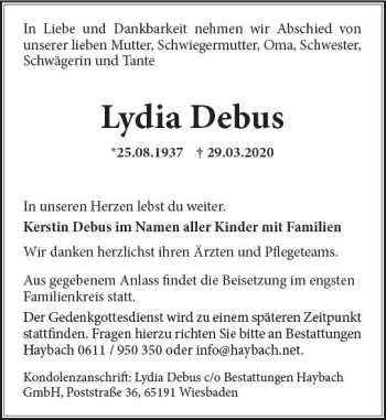 Traueranzeige von Lydia Debus von vrm-trauer
