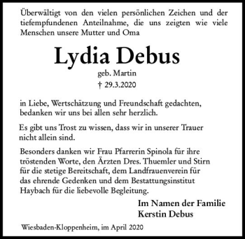 Traueranzeige von Lydia Debus von vrm-trauer