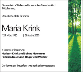 Traueranzeige von Maria Krink von vrm-trauer