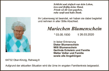 Traueranzeige von Mariechen Blumenschein von vrm-trauer