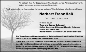 Traueranzeige von Norbert Franz Heß von vrm-trauer