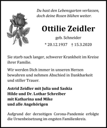 Traueranzeige von Ottilie Zeidler von vrm-trauer
