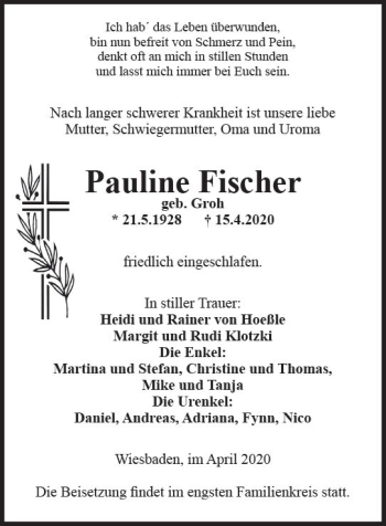 Traueranzeige von Pauline Fischer von vrm-trauer