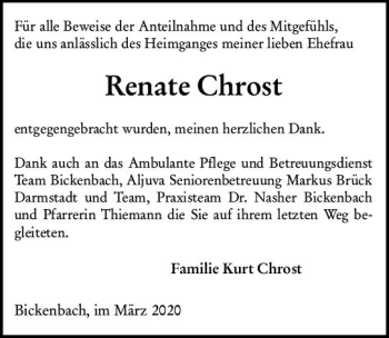 Traueranzeige von Renate Chrost von vrm-trauer