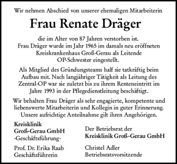 Traueranzeige von Renate Dräger von vrm-trauer
