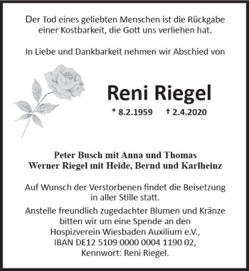 Traueranzeige von Reni Riegel von vrm-trauer