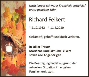 Traueranzeige von Richard Feikert von vrm-trauer