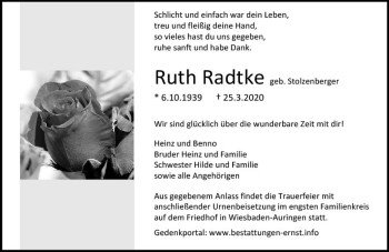 Traueranzeige von Ruth Radtke von vrm-trauer