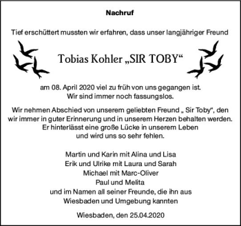 Traueranzeige von Tobias Kohler von vrm-trauer