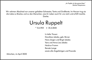 Traueranzeige von Ursula Ruppelt von vrm-trauer